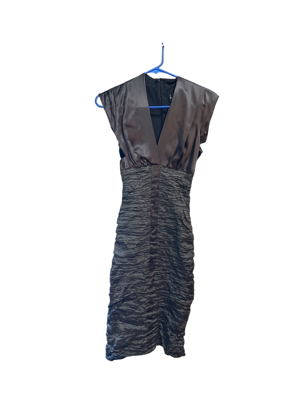 Satin V-Neck Ruched Midi Dress in Dark Brown